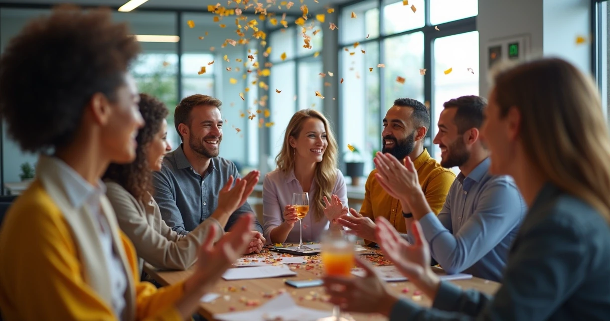 Colaboradores comemorando juntos em ambiente empresarial, com papéis coloridos ao redor 