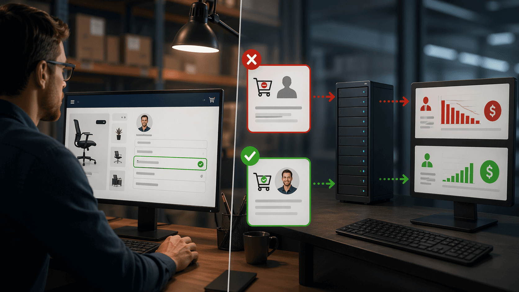 Cena em estilo realista 3D dentro de um escritório com ambiente de e-commerce e logística. À esquerda, um profissional analisa um sistema em um monitor com cadastro de cliente sem vendedor vinculado, destacado com um indicador de erro. Ao centro, elementos visuais mostram o fluxo do pedido sendo enviado para um servidor. À direita, dois resultados aparecem: na parte superior, relatórios e comissões incorretas com gráficos negativos; na parte inferior, um cenário correto com vendedor atribuído, exibindo gráficos positivos e dados organizados. A iluminação é suave, com contraste entre erro (vermelho) e acerto (verde), sem qualquer texto na imagem.