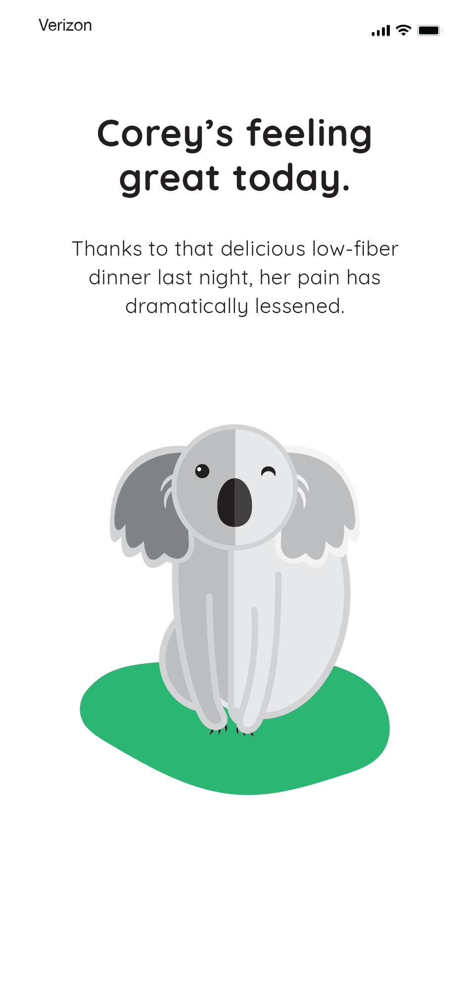 A cheerful screen with a cute cartoon koala smiling on a green patch of grass. Text celebrates Corey feeling better after a helpful meal.