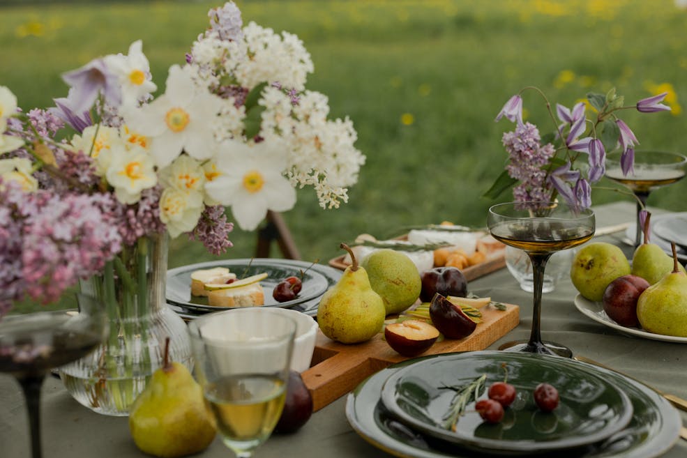 Evening dinner set in a field