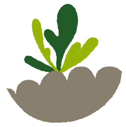 Illustration en flat design d'une jeune pousse verte émergeant d'un monticule de terre, symbolisant l'étape d'immersion et de stratégie. Le style graphique présente des contours organiques et une texture granuleuse rappelant la peinture à la main. Feuilles en vert clair et vert foncé sur un fond vert de forme organique et texturé, qui s’anime en tournant sur elle-même.