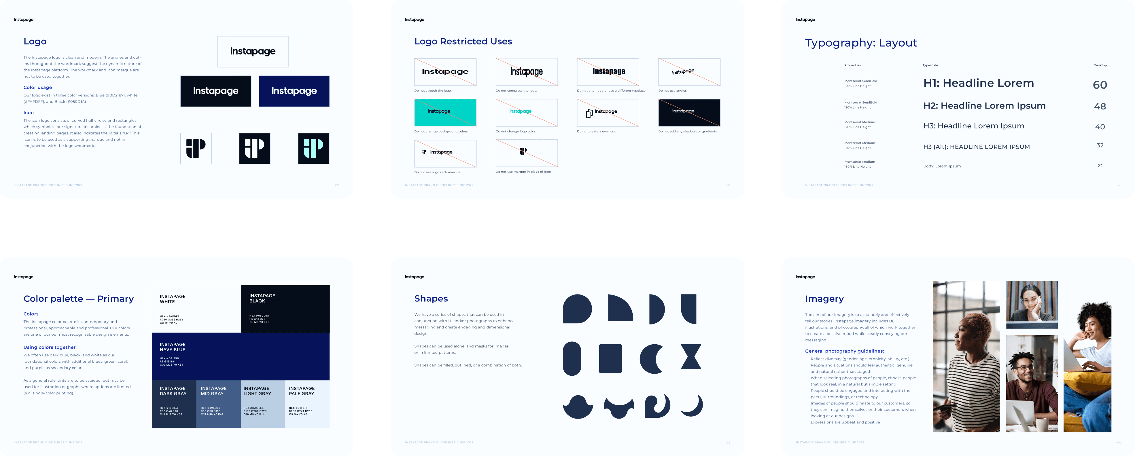 A presentation slide deck showcasing brand guidelines with sections on logo, color palette, typography, shapes, and imagery.