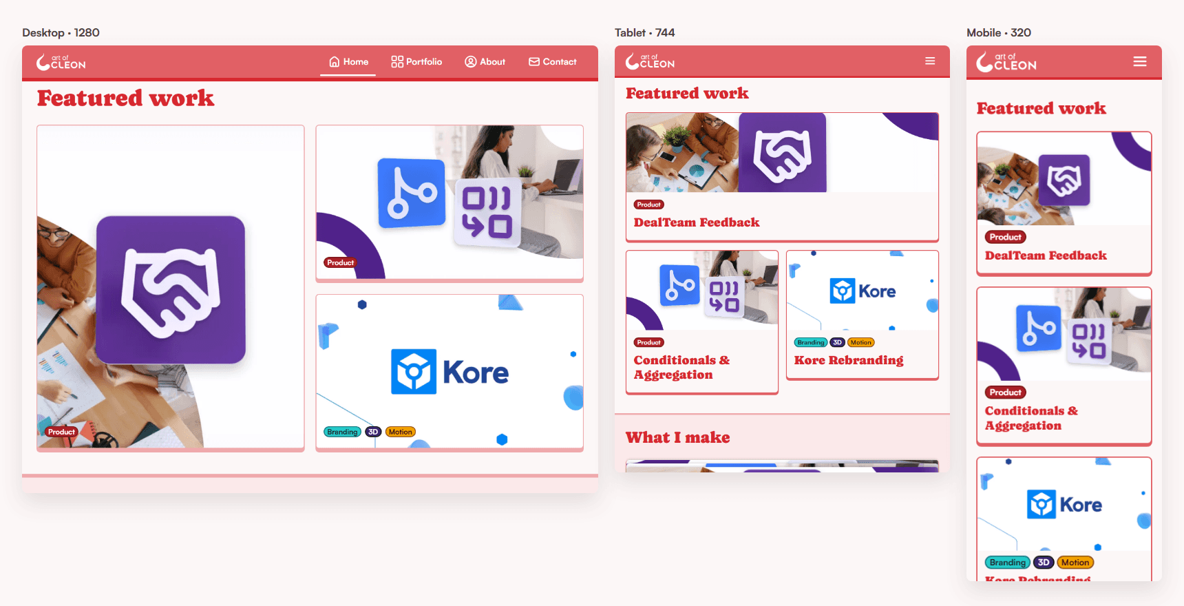 The current art of Cleon Featured work section at desktop, tablet, and mobile widths, top-aligned for comparison.