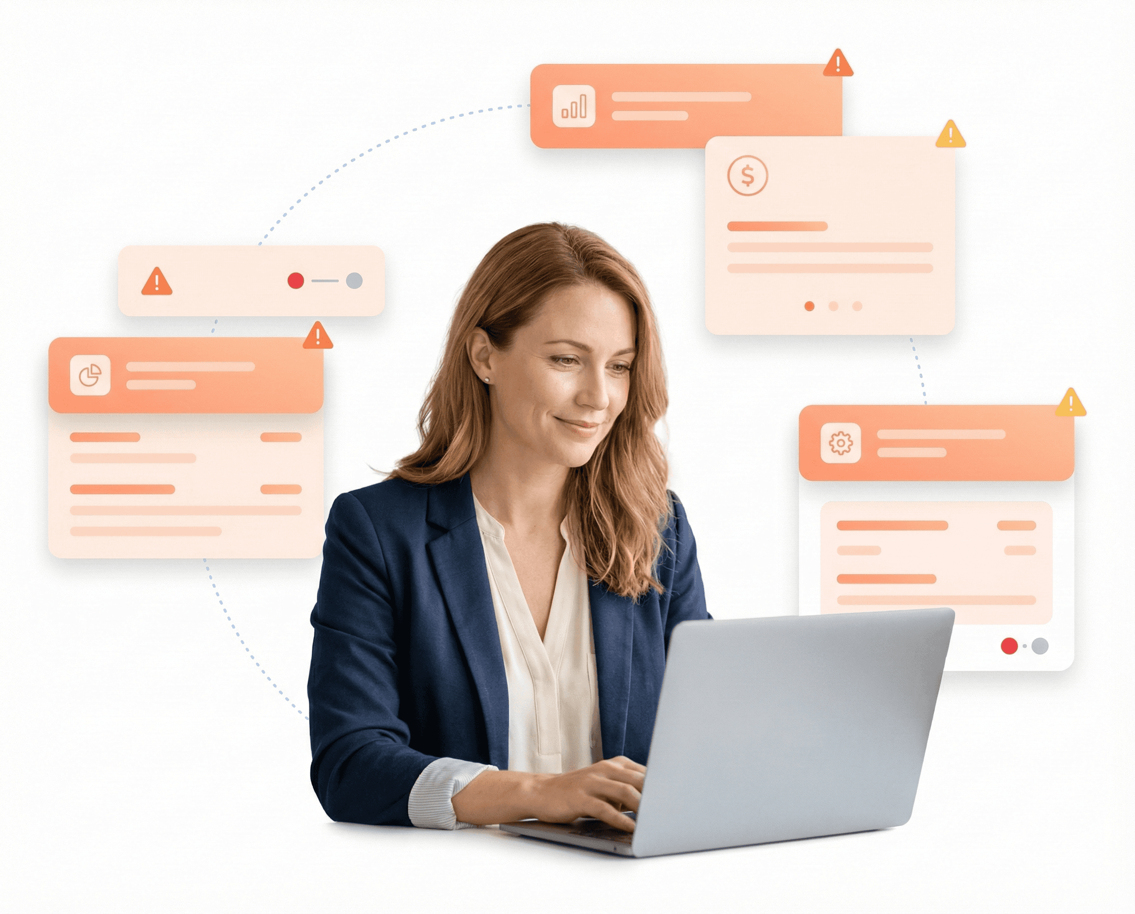 Illustration showing fragmented financial dashboards and disconnected compliance workflows around a financial professional, representing challenges caused by an outdated frontend and accessibility gaps.