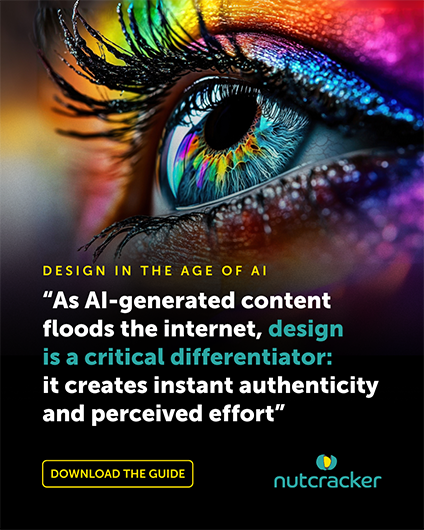 Stunning colourful visual of an eye symbolising design in the age of AI with the quote "As AI-generated content floods the internet, design is a critical differentiator: it creates instant authenticity and perceived effort"