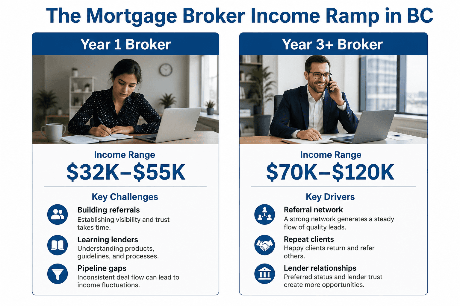 First-year vs. experienced broker income and success factors.