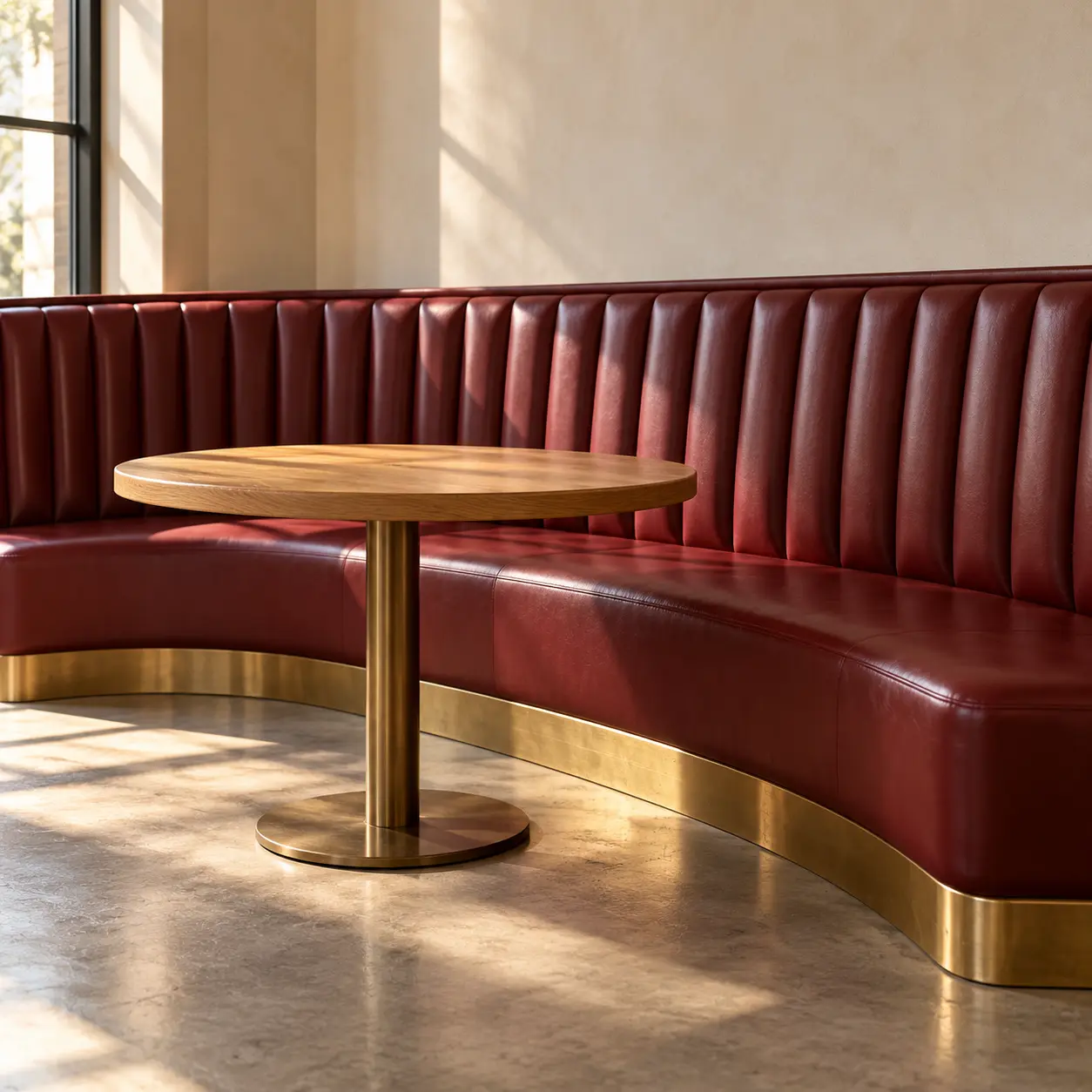 Curved oxblood channel-tufted banquette with a brass kick rail and a round oak pedestal table