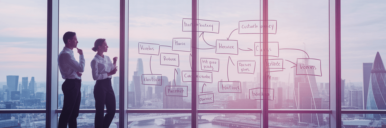 Fintech team planning customer journey on whiteboard.