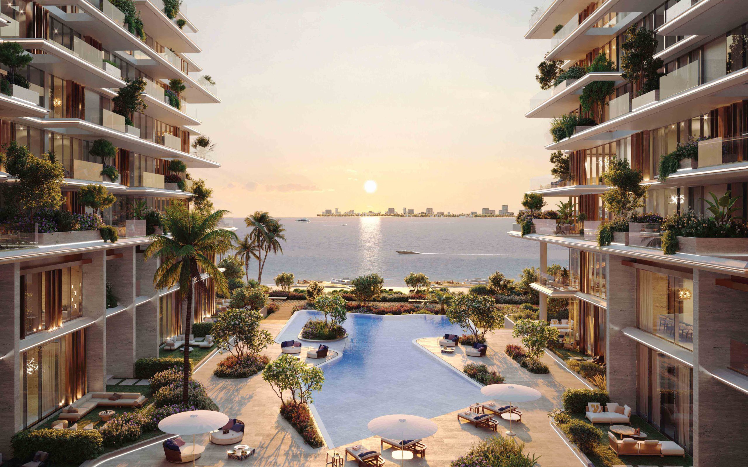 Modern beachfront apartments at The Tides in Dubai, offering scenic views of the marina and surrounding landscape.