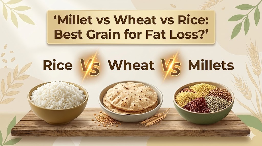 A nutrition comparison infographic titled 'Millet vs Wheat vs Rice: Best Grain for Fat Loss?'. A central gold 'VS' highlights the choice. The left bowl shows cooked white rice. The center bowl holds whole wheat chapatis (roti) and wheat grains. The right bowl contains mixed healthy millets with various colors. The style is illustrated with green leaf accents and gold lighting.