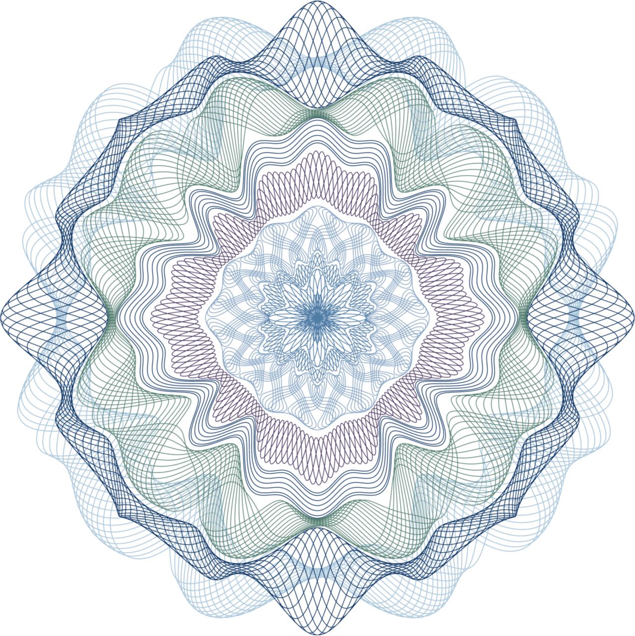 A blue and white circular design on a white background.