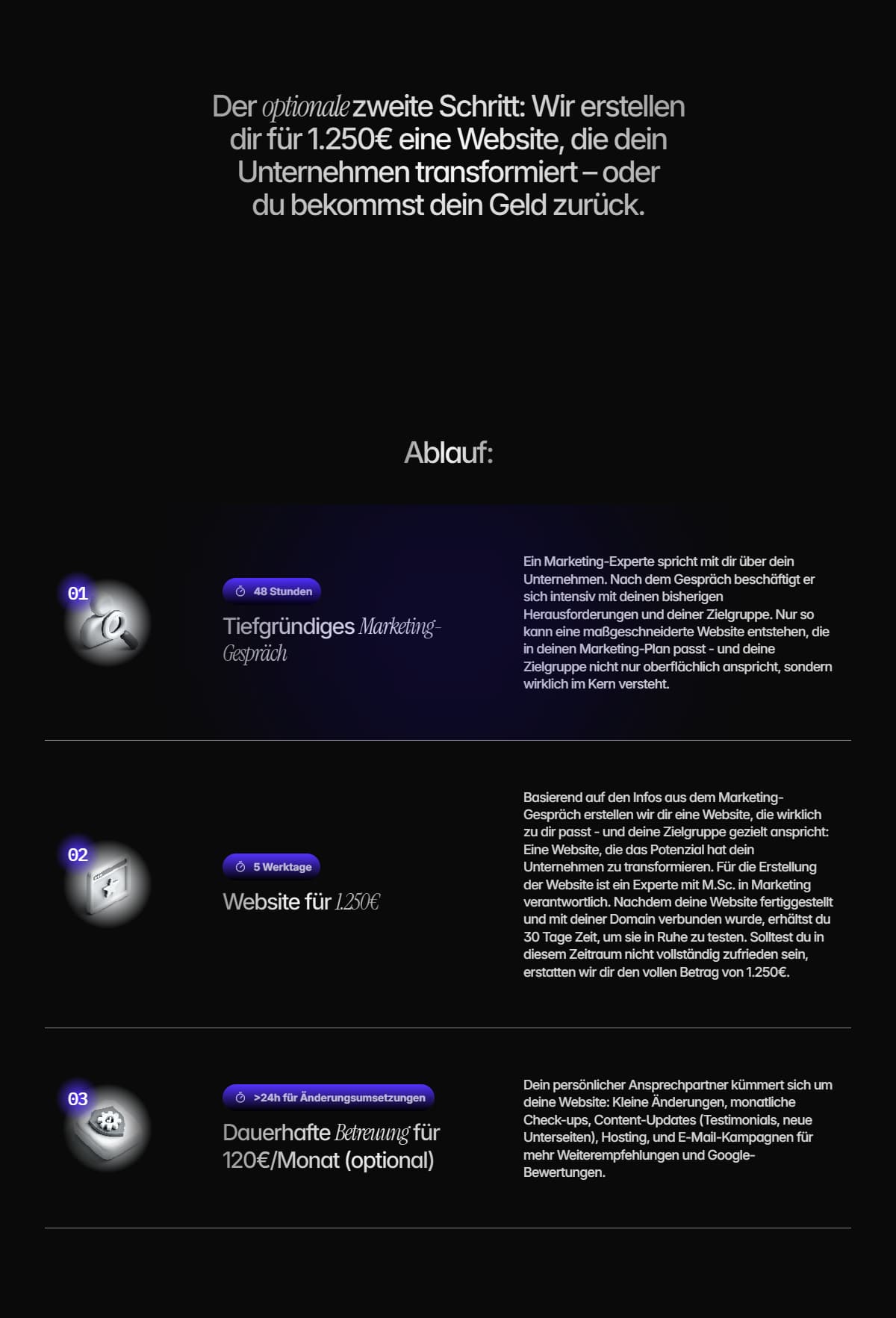 eine website-sektion aus der ein gewisser ablauf hervorgeht, es geht um website-erstellung