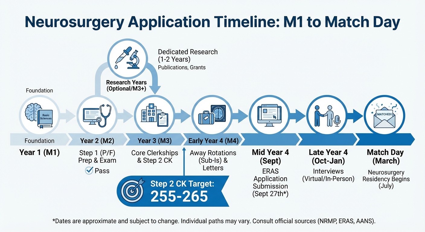Neurosurgery residency application timeline showing key milestones and Step 2 score targets