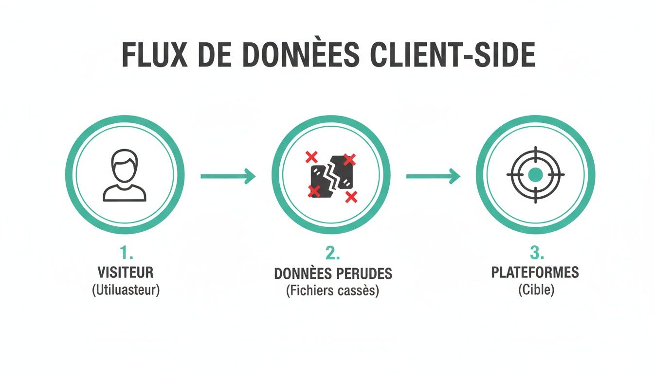 Infographie illustrant le flux de données côté client, du visiteur aux plateformes, avec des données perdues.