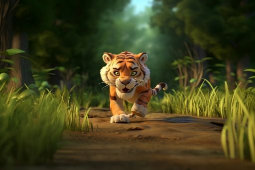 Cartoon of a tiger cub on a trail in nature.