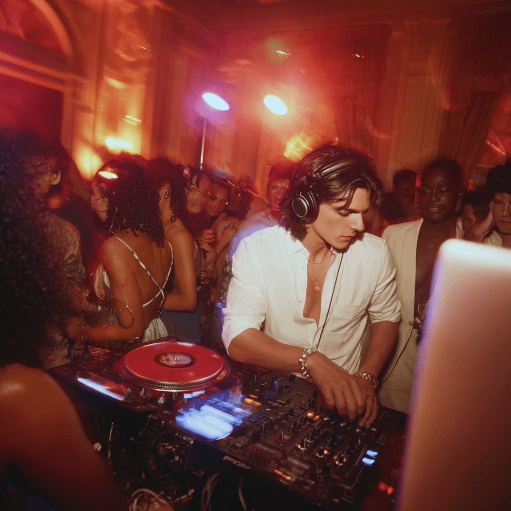 DJ in a white shirt mixes music at a lively, crowded party. Warm red and orange lights create an energetic, vibrant atmosphere.