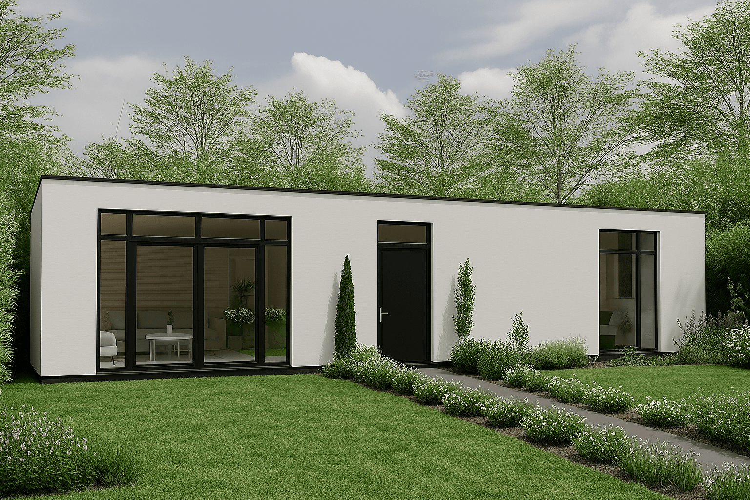 Modern tuinkantoor met wit gevelbekleding en grote glazen schuifpui in groene tuinomgeving in Groningen