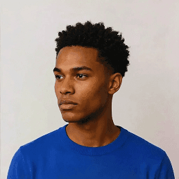 A man wearing a blue sweater looks off to the side with a contemplative expression.