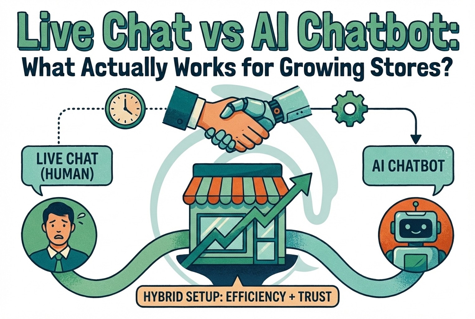 Illustration showing live chat and AI chatbot working together in a hybrid support setup for a growing ecommerce store.