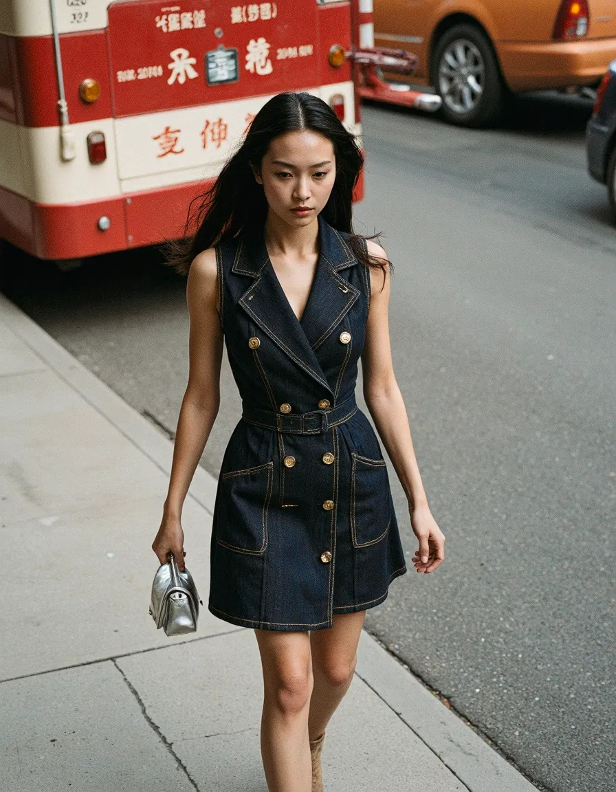 Stylish denim trench dress with gold buttons worn on city street with vintage red bus in background, creating urban fashion atmosphere