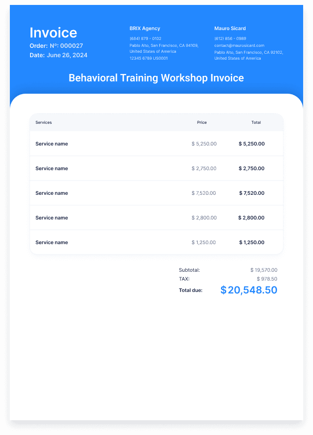 Behavioral Training Workshop Invoice