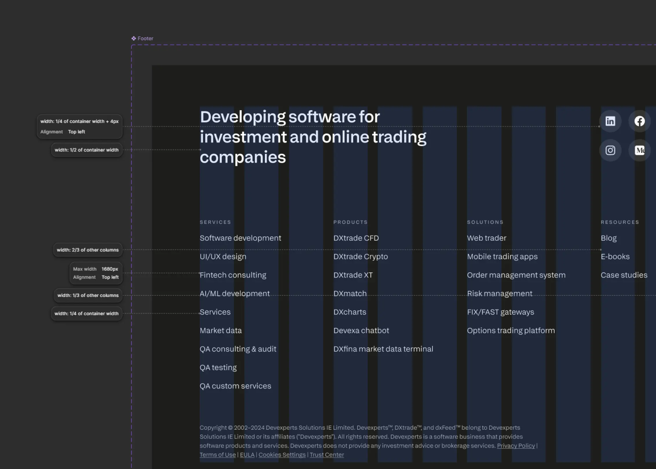 Annotated layout grid of the site footer showing column widths and alignment notes for design handoff