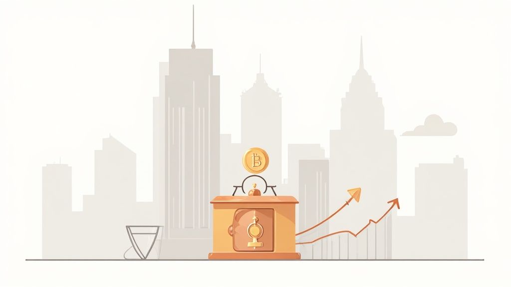 A cityscape with a safe, a Bitcoin coin, and upward-trending growth lines, symbolizing digital asset investment.