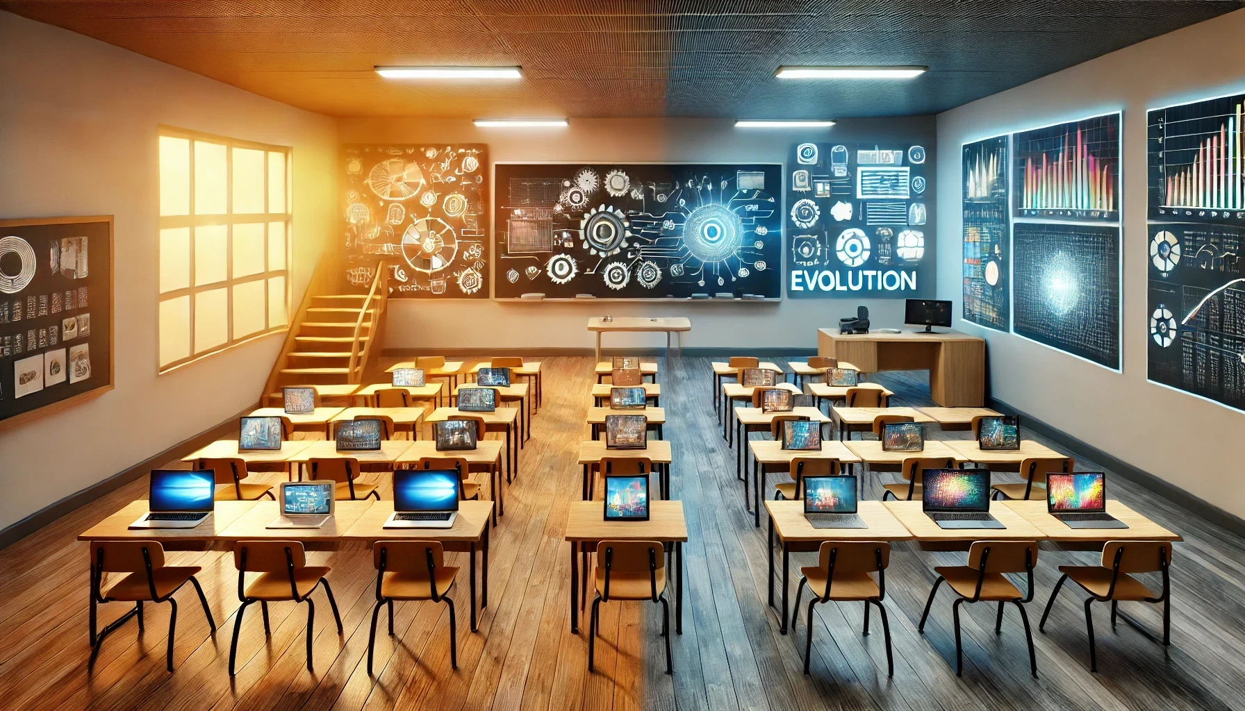 Transition d'une salle de classe traditionnelle vers un environnement digitalisé moderne, illustrant la transformation de l'éducation avec des outils technologiques comme des ordinateurs portables et des écrans interactifs