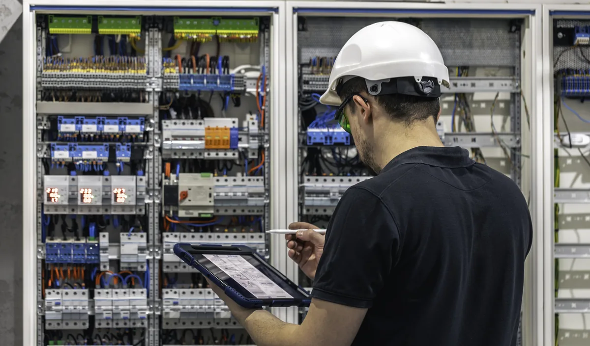 Electrician with a tablet at a factory switchboard