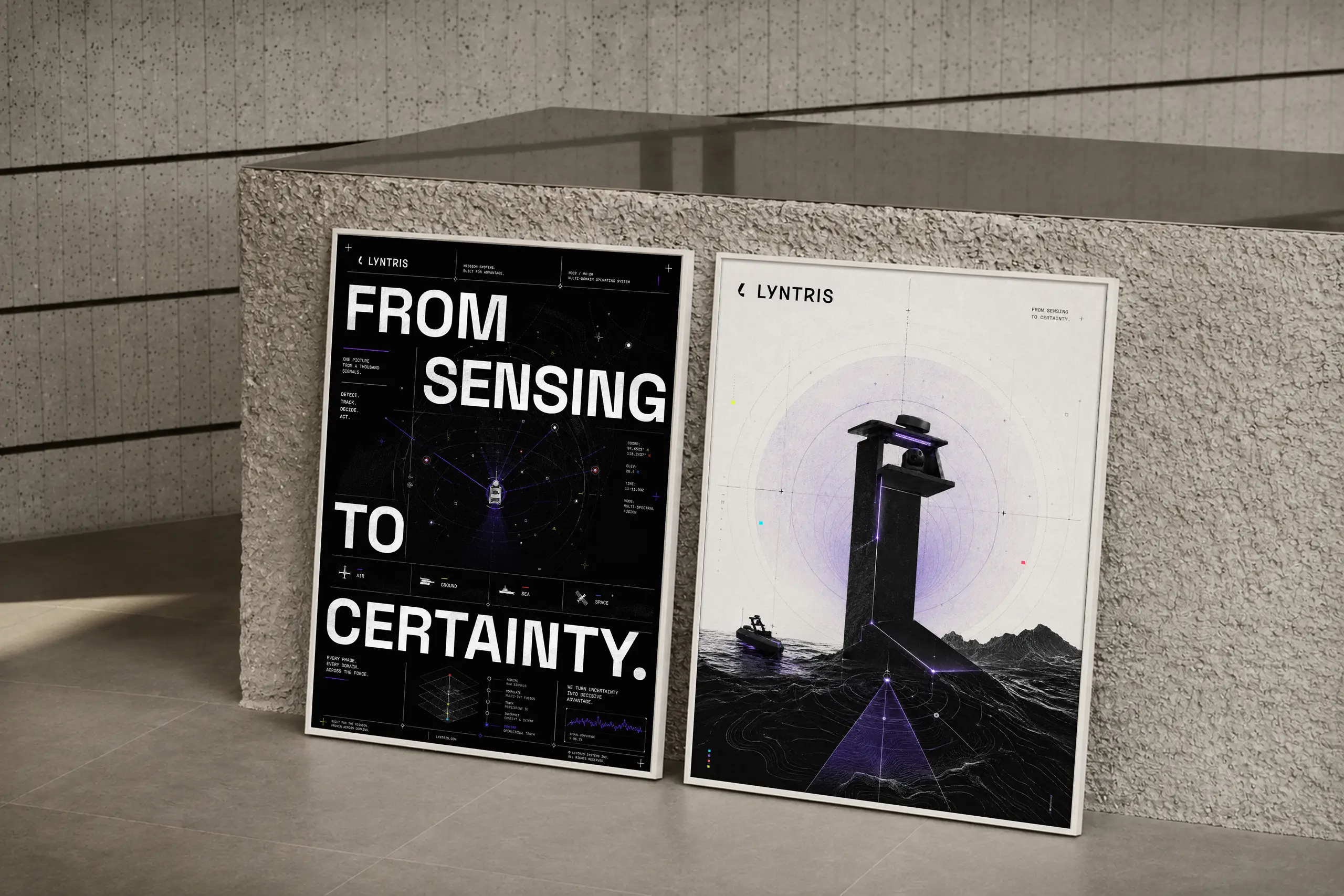 Two framed Lyntris posters on a textured wall, with large text reading "FROM SENSING TO CERTAINTY" and a sensor-to-precision visual schematic, presented as brand identity design.