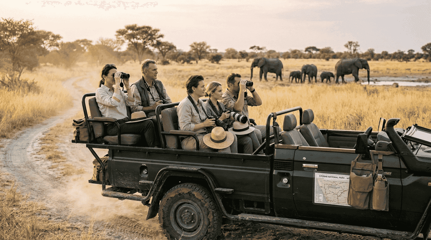 Luxury travelers on safari vehicle observing elephants
