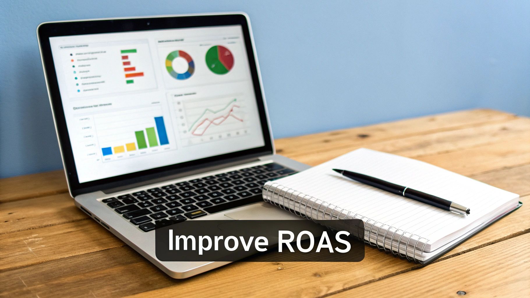 Laptop displaying marketing data and graphs on a wooden desk with a notebook and pen.