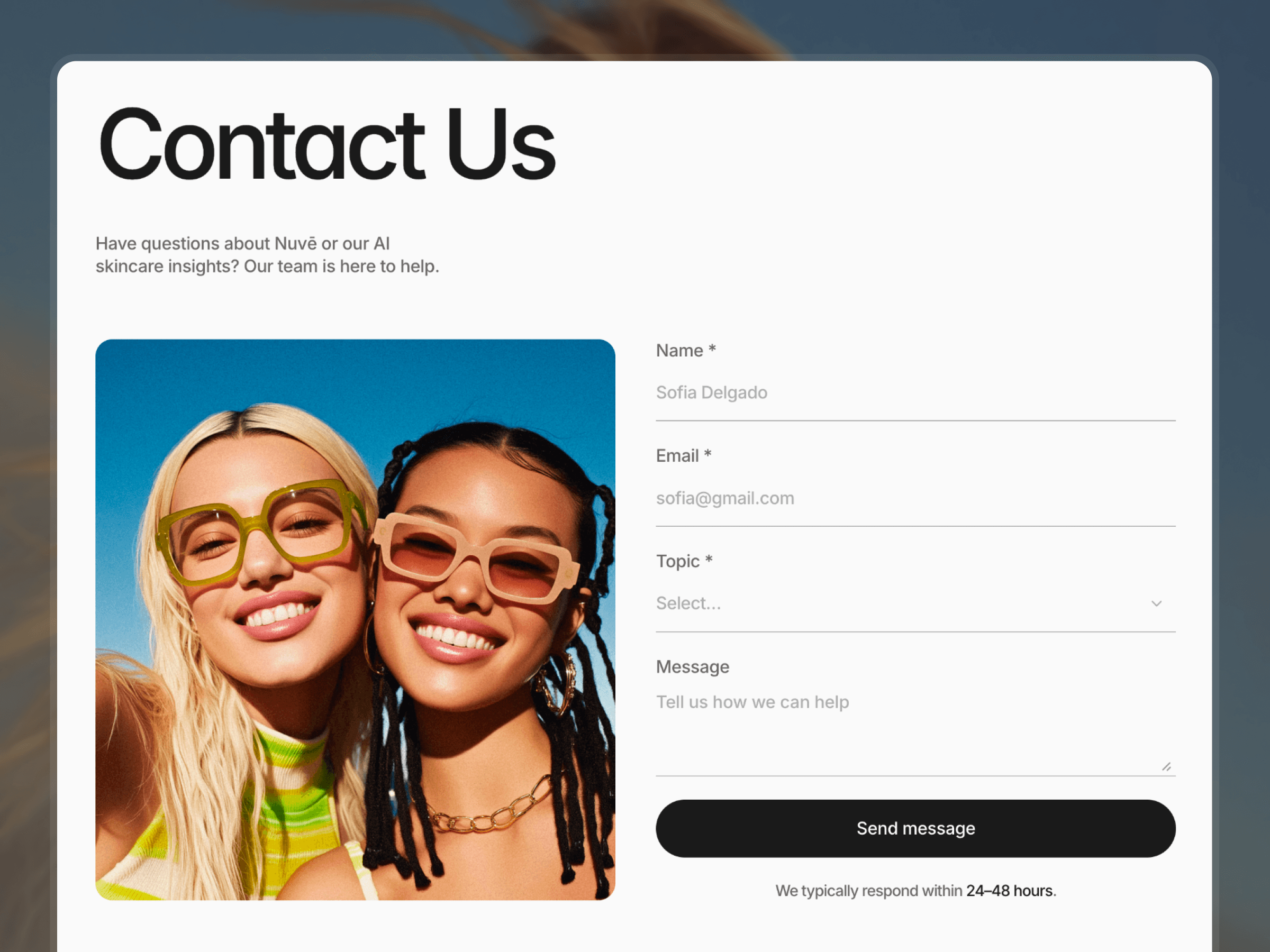 skincare platform contact page interface for beauty technology website