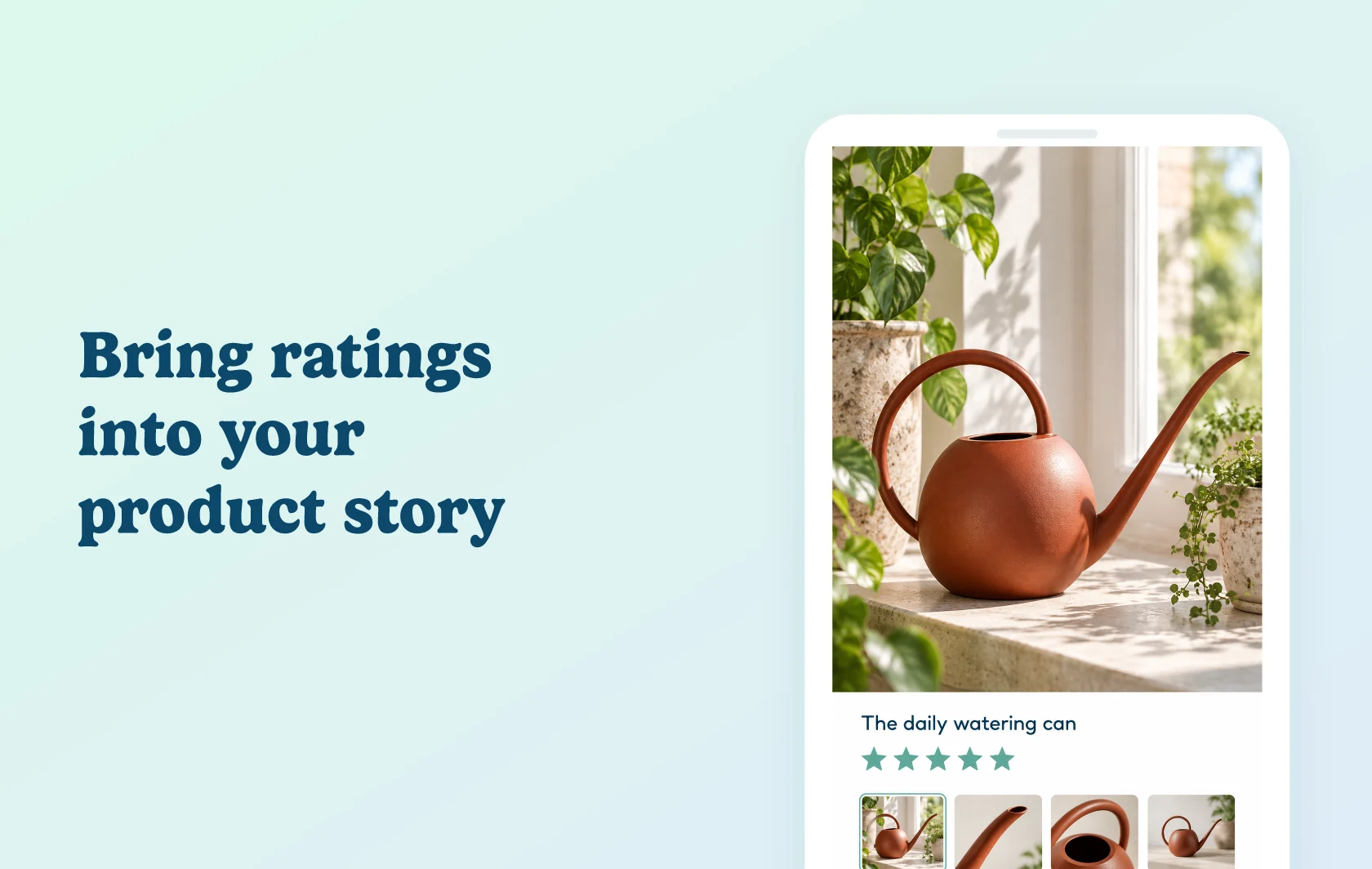 Judge.me and Instant integration: illustration of a product page pairing a watering can with its star rating.