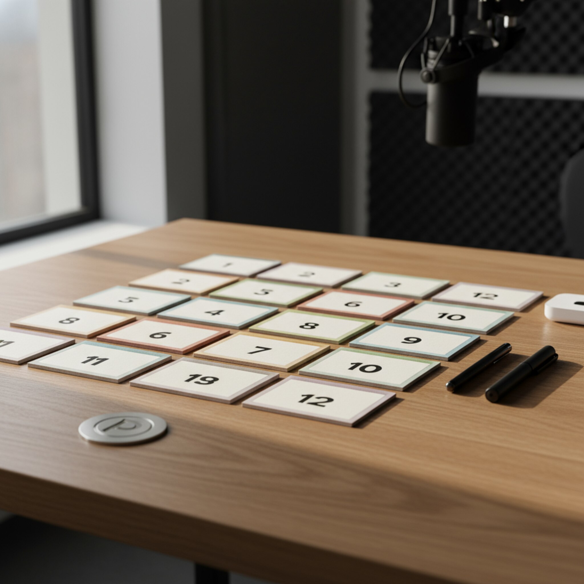 Ein sauber aufgeräumter Tisch mit nummerierten Session-Karten und einem dezent gravierten Studiologo. Weiches Seitenlicht lässt die Kartenkanten leuchten. Die Szene vermittelt Wertigkeit, Struktur und wiederkehrende Buchungen.