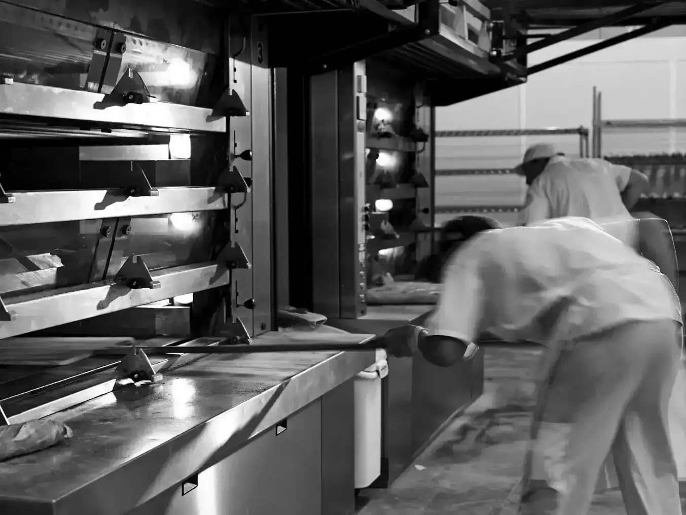 Bakers fetching freshly baked bread out of the oven