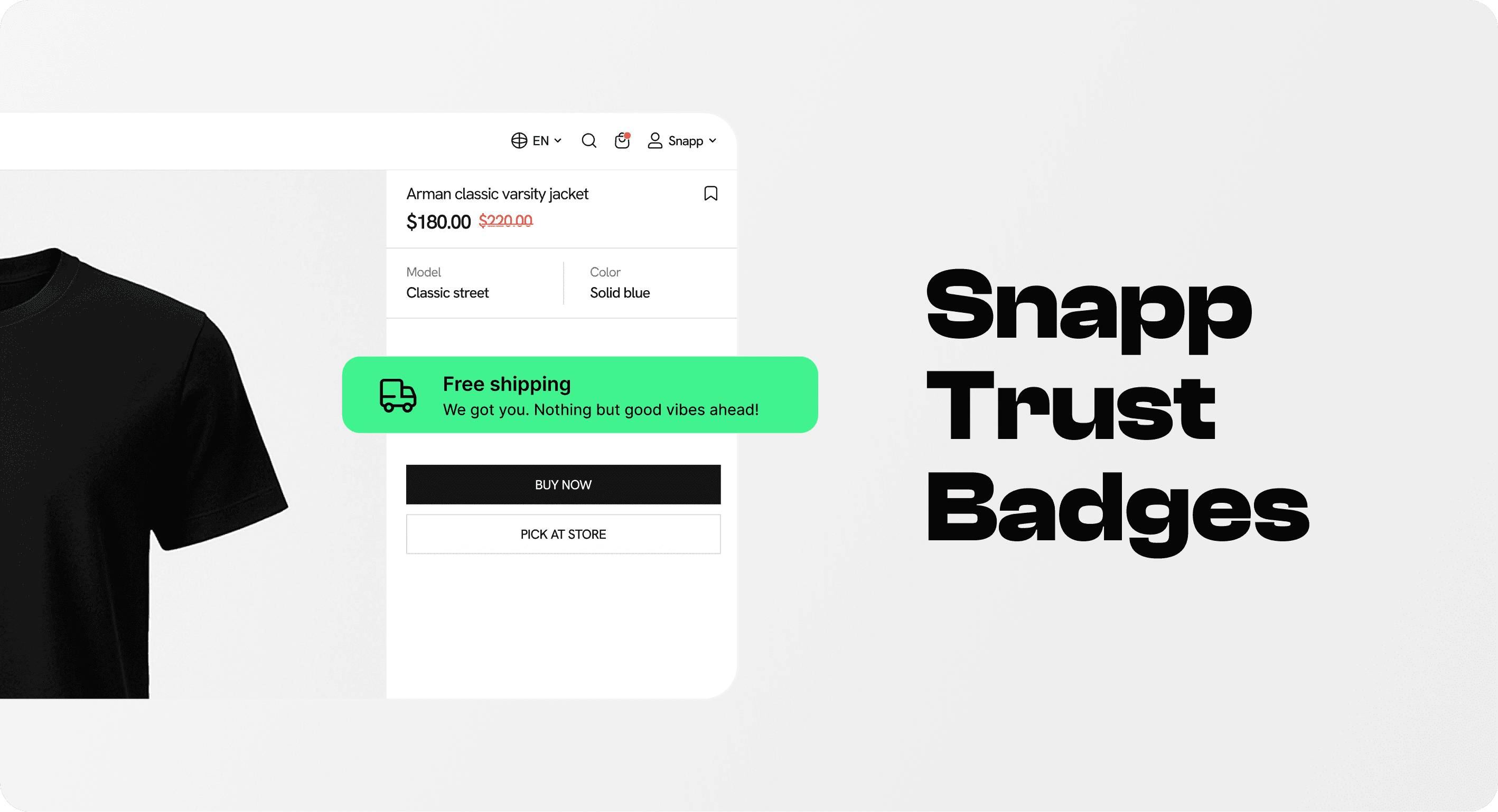 Snapp free shipping trust badge displayed on a Shopify product page
