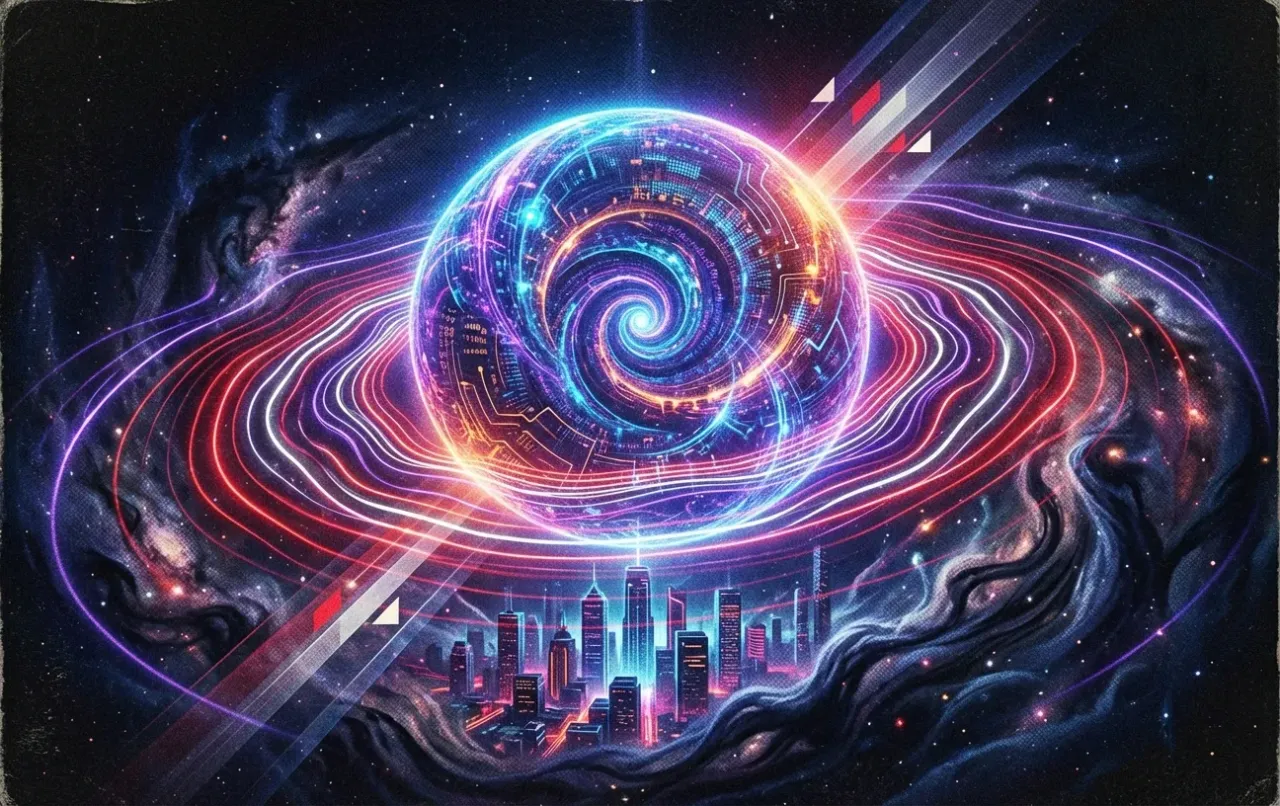 Neon cityscape under digital vortex; RockN' Socials Digital Marketing Agency.