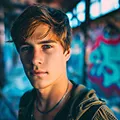 Young man with brown hair and blue eyes in an urban setting with graffiti background, wearing a dark jacket and chain necklace.