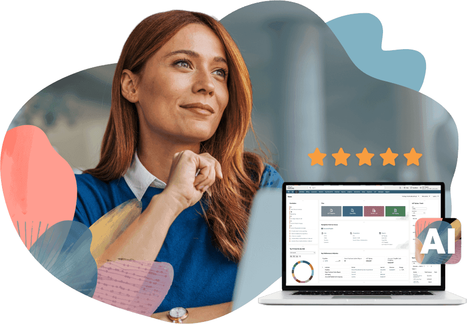A thoughtful woman in a blue shirt looks at a laptop displaying a website with stars and vibrant backgrounds.