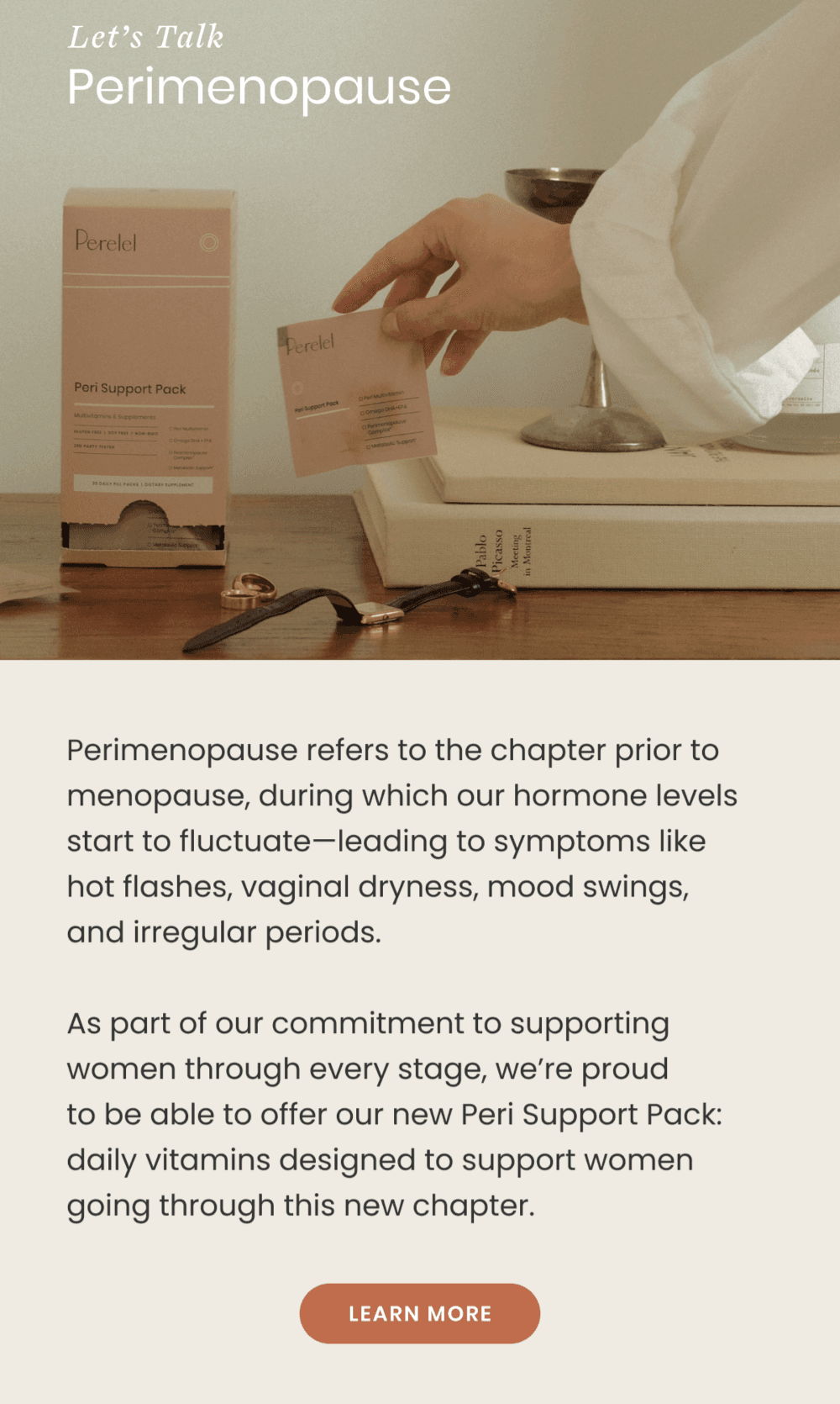 Promotional image for Perelel Peri Support Pack for perimenopause, highlighting hormone fluctuation symptoms and daily vitamin solutions