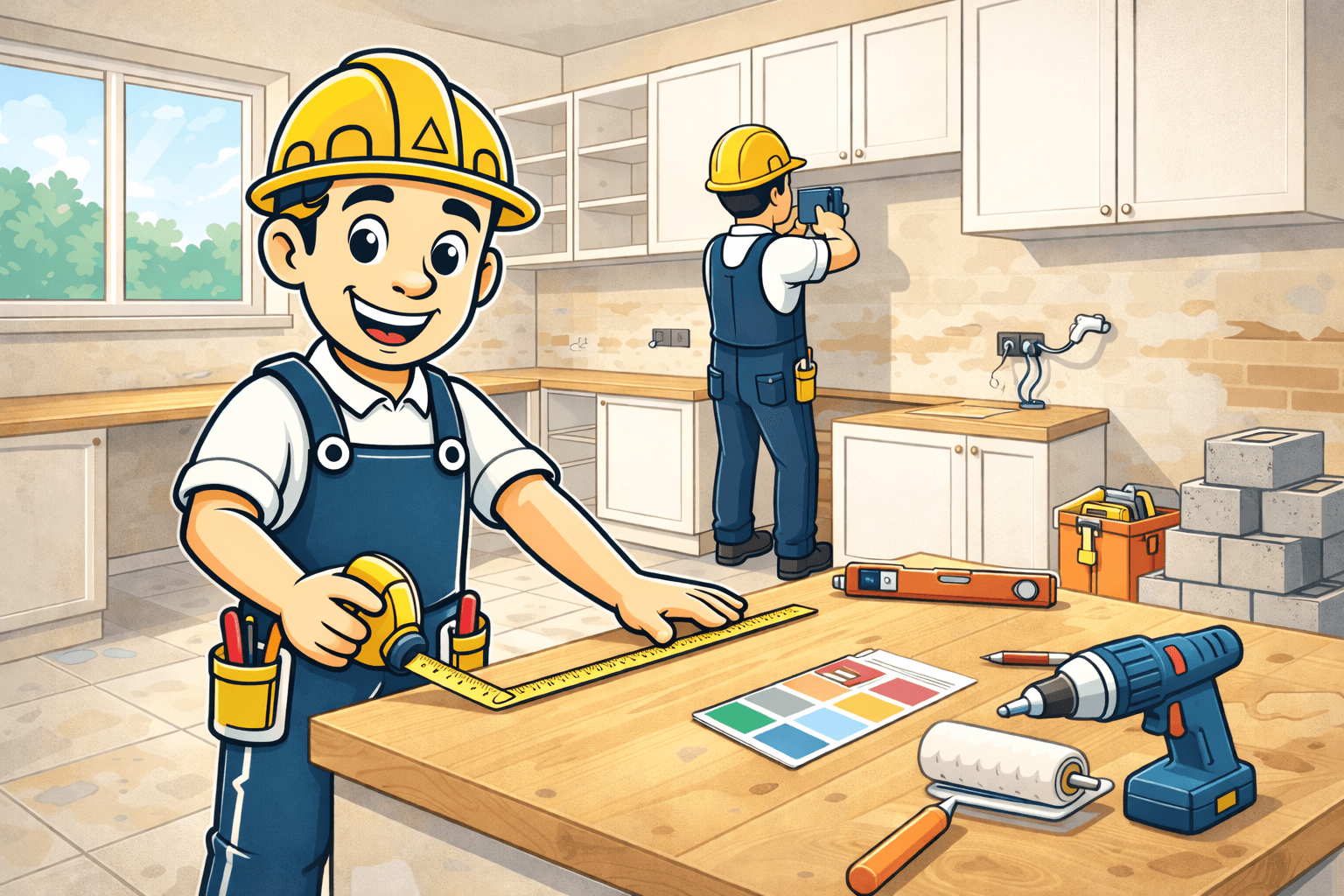 Illustration d’Alfred artisan avec casque jaune supervisant la rénovation d’une cuisine avec meubles, plan de travail et outils de chantier.