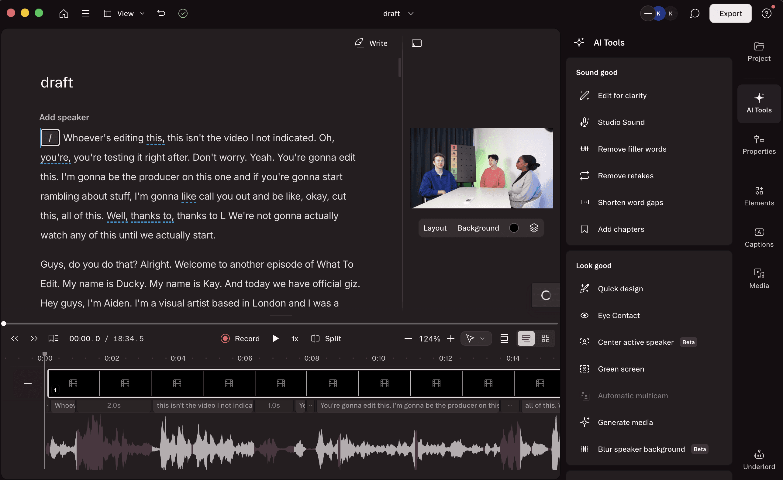 Descript AI Tools panel showing options including Remove filler words, Remove retakes, Shorten word gaps, Add chapters, Eye Contact, and Automatic multicam alongside a text-based transcript editing interface