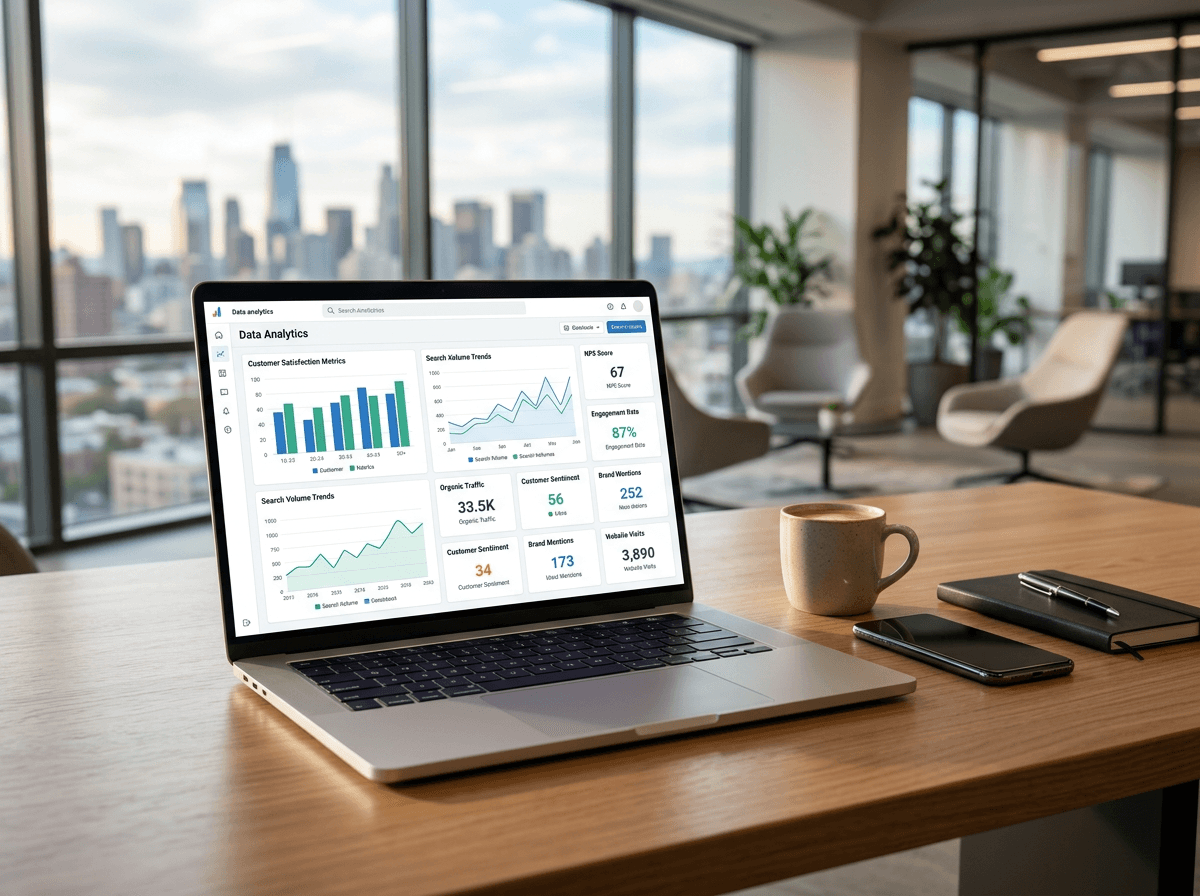 Brand equity dashboard tracking Net Promoter Score direct traffic and branded search volume