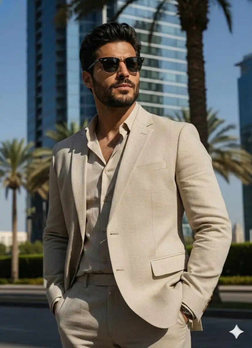 AI-generated luxury lifestyle male portrait wearing cream linen suit and sunglasses, bearded man posing confidently against palm trees and modern skyscrapers, premium beach resort aesthetic by Mahendra