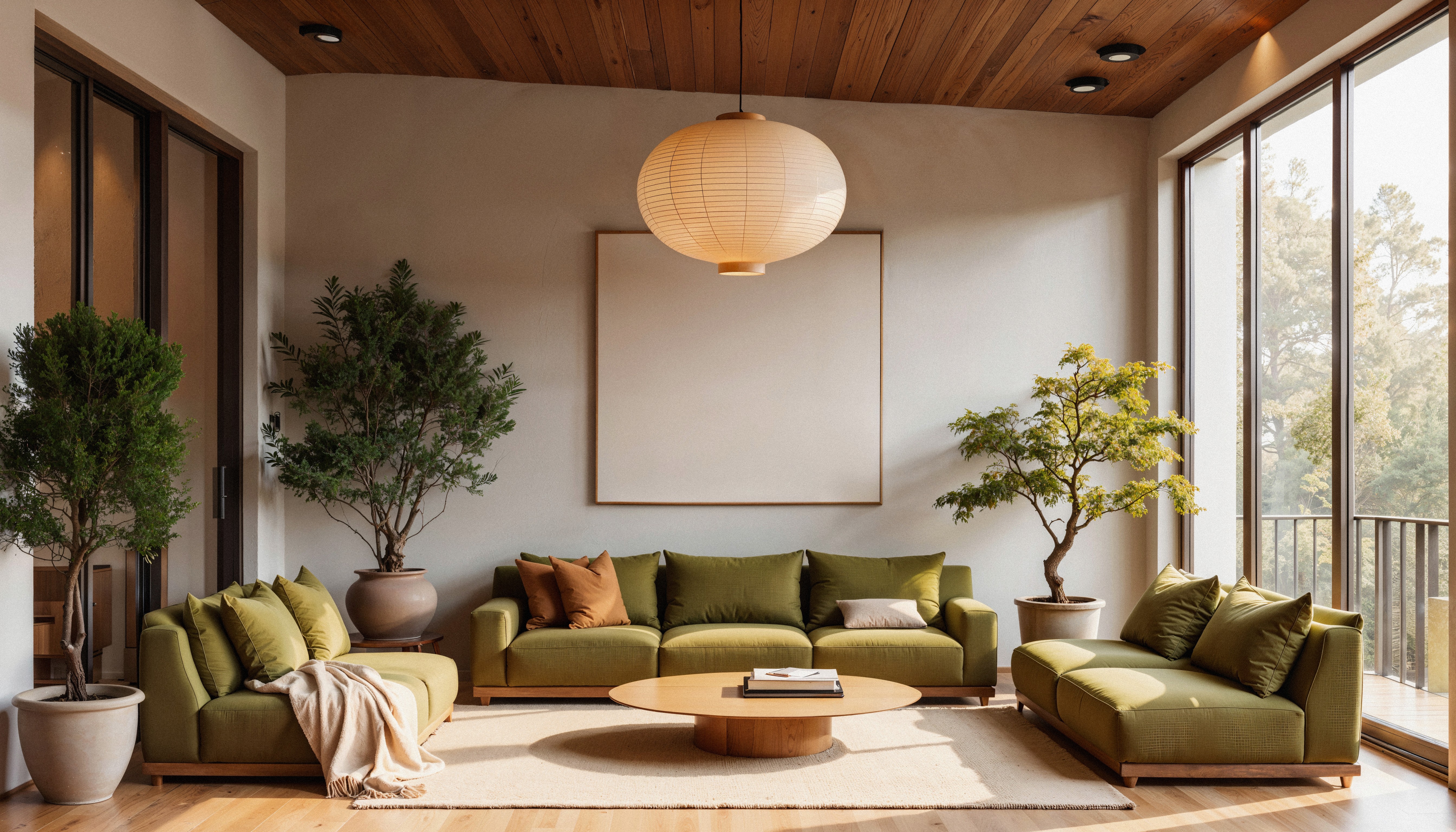 Sunlit wooden dining kitchen with plants and trees.