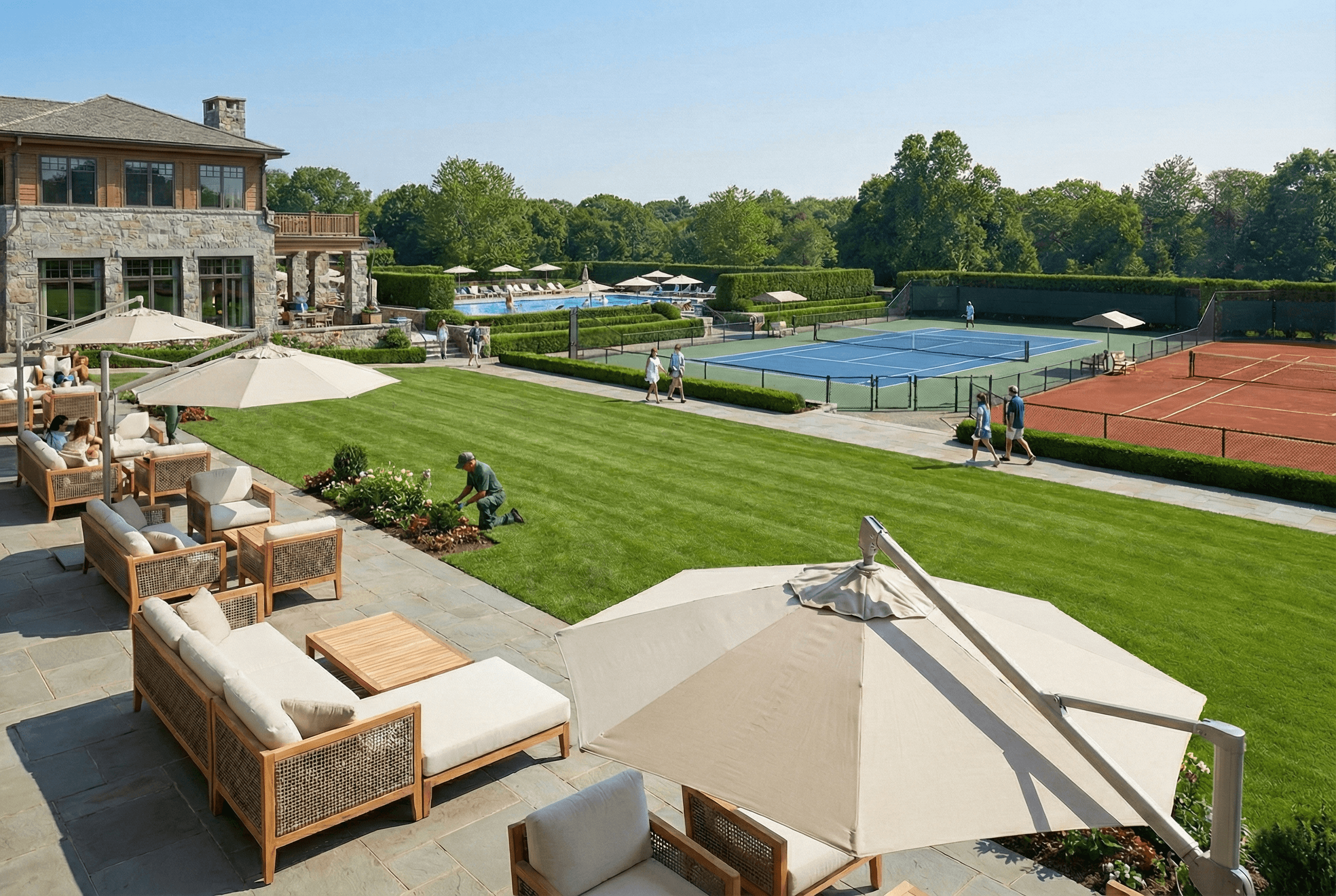 Un club con canchas de tenis y pickleball, un sector d muebles de exterior moderno de madera y almohaones blancos, sombrillas para el sol y una piscina de fondo