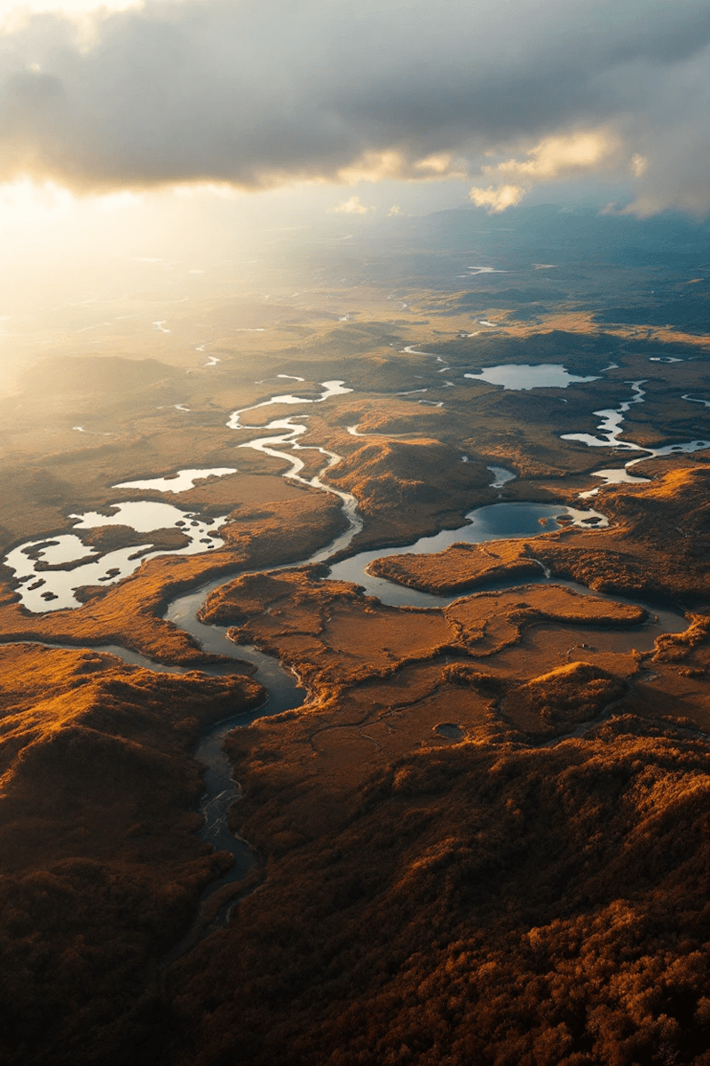 Aerial view of a vast, meandering river system winding through lush wetlands at sunset, with warm golden light illuminating the landscape under a dramatic sky.