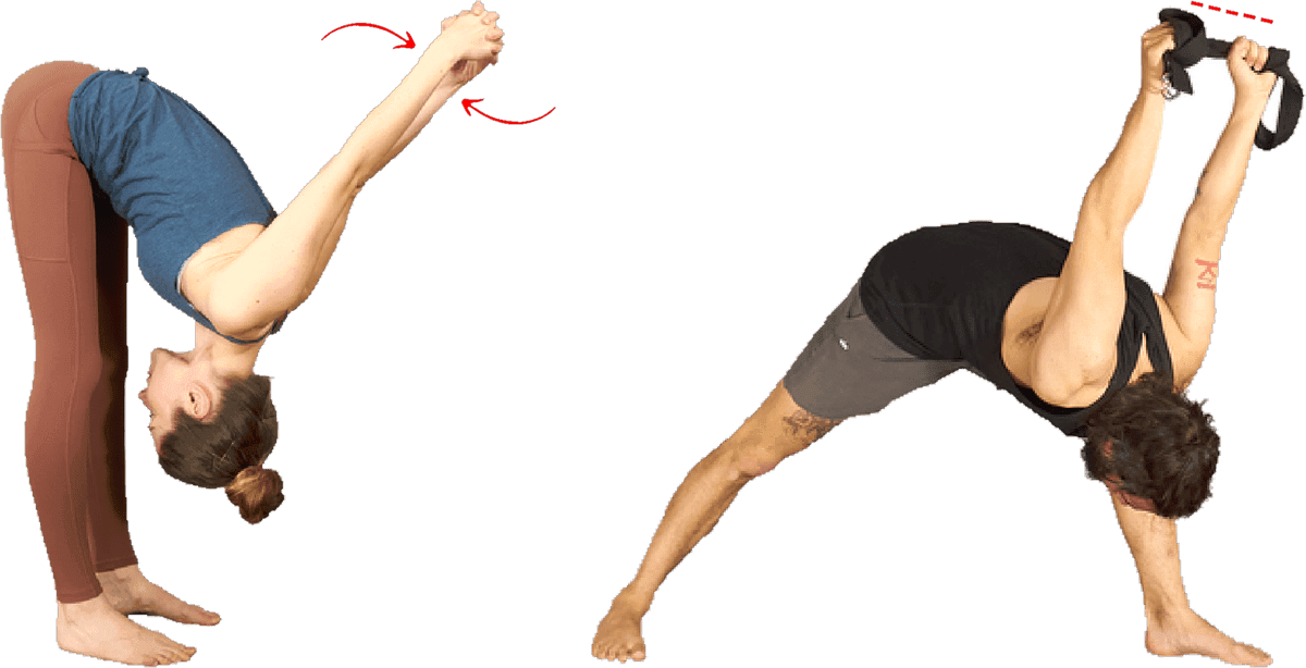 Two figures side by side. On the left, hands clasped behind the back in a standing forward fold with red arrows at the wrists where they won't meet. On the right, the same shape done holding a strap instead, with the wrists comfortably apart.