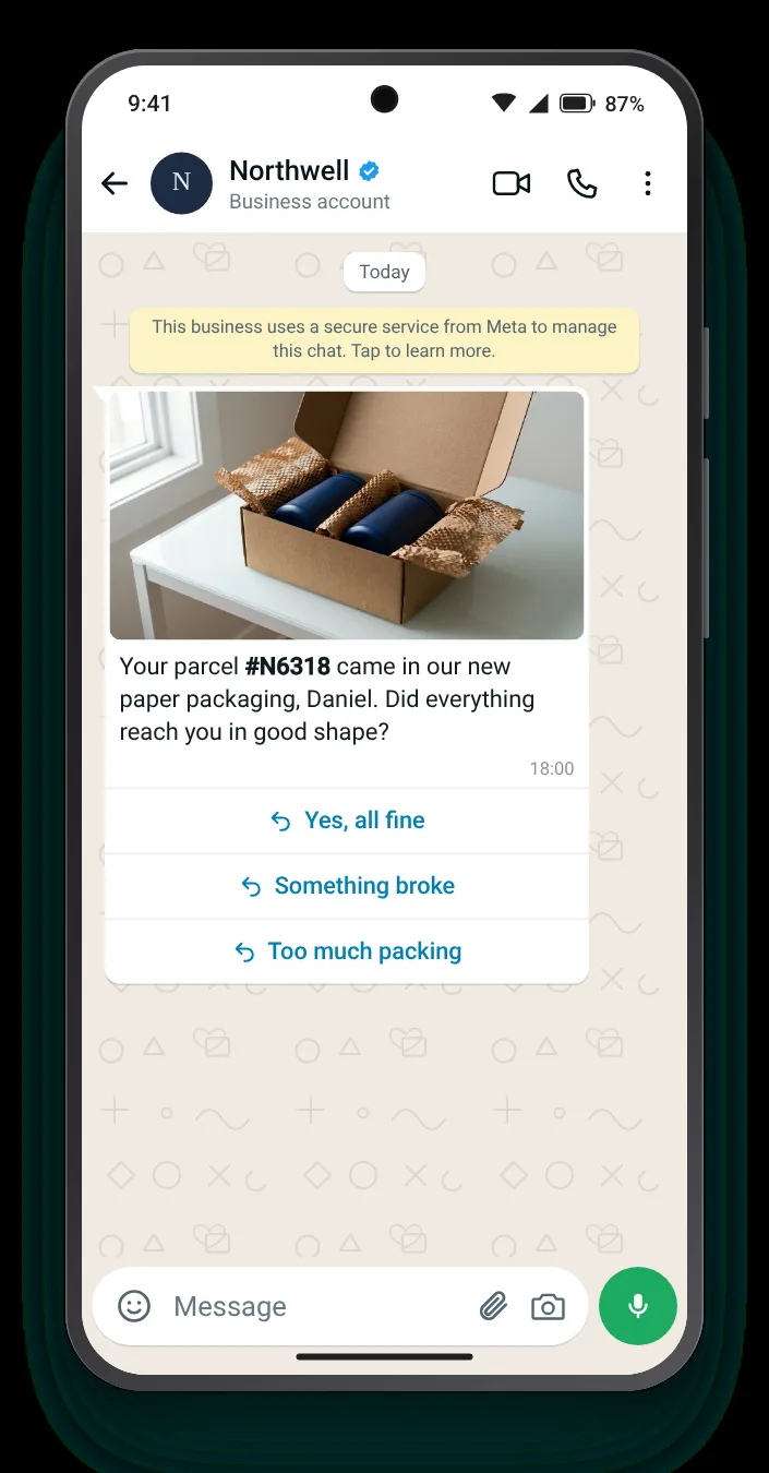 How the new packaging held up: WhatsApp feedback message on an Android phone